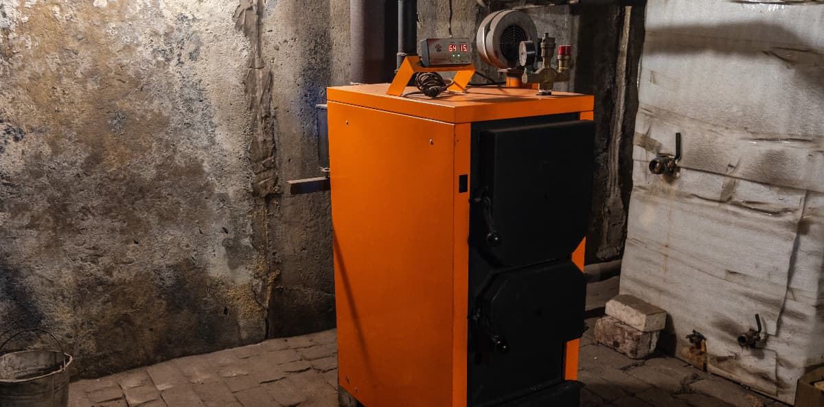 une chaudière à bois couleur orange