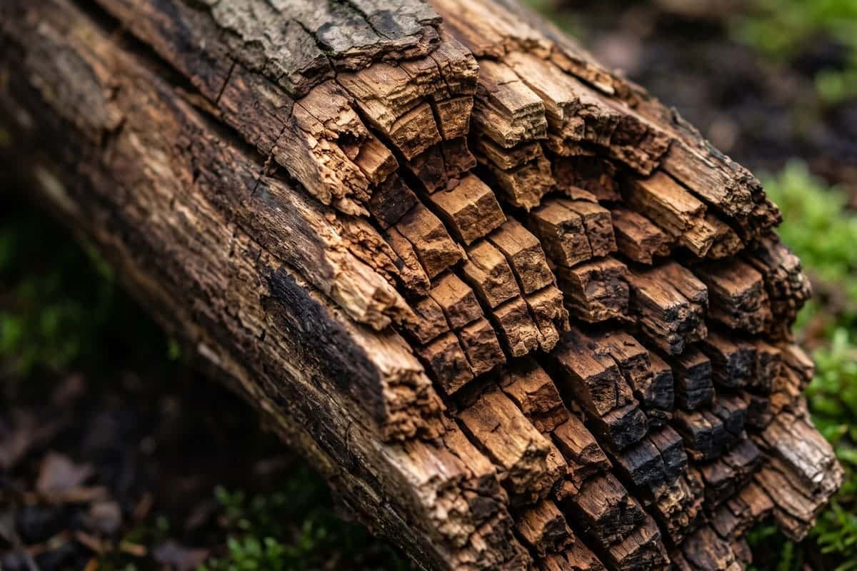 Bûche de bois atteinte de pourriture cubique