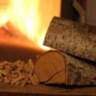 focus sur deux bûches et un tas de pellets de bois