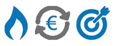 icônes flamme et icône euro et icône cible avec une flèche