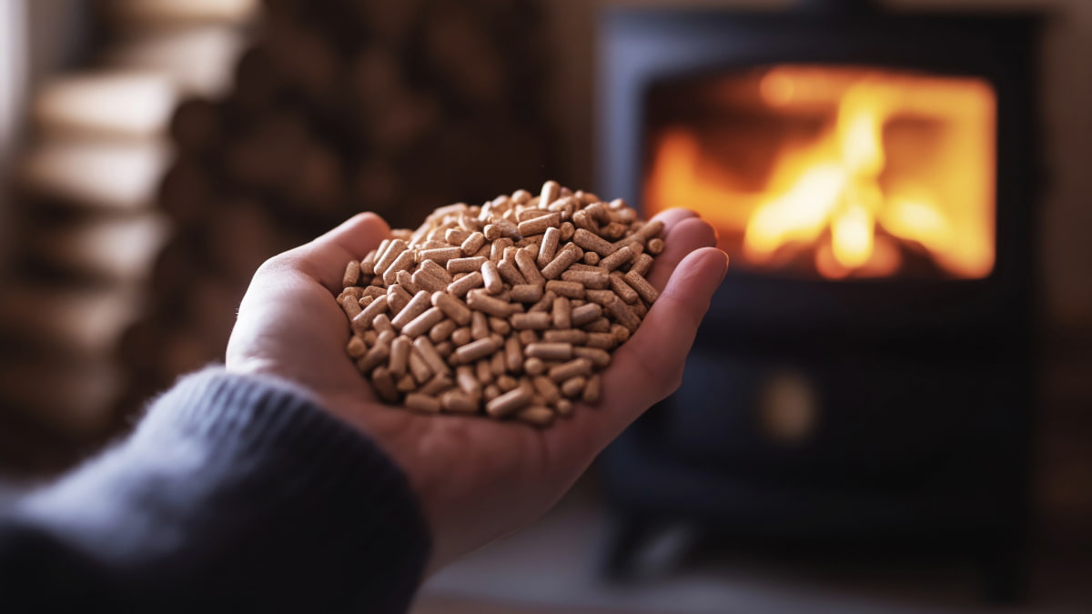 main tenant des pellets devant un poêle