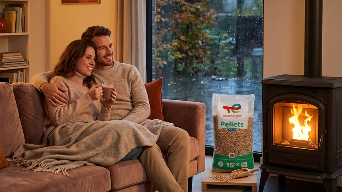 couple dans son salon avec poêle à granulés