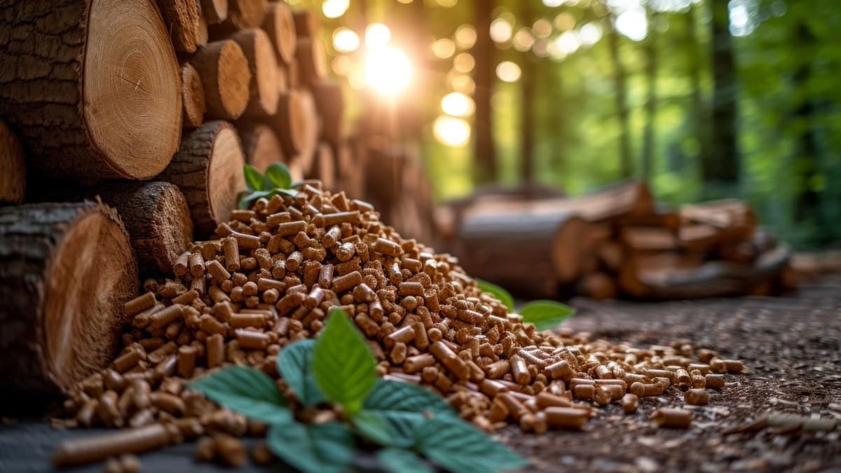 focus d'un tas de granulés de bois et de bûches dans une forêt