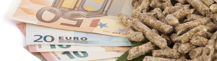 billets d'euros et un tas de pellets de bois