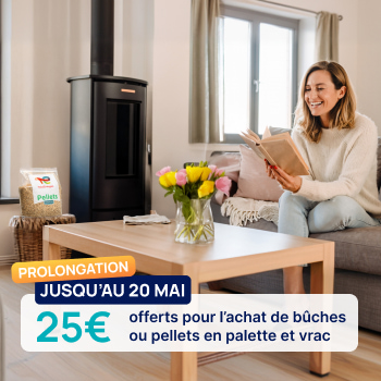 Du 6 au 20 mai, profitez de 25€ de remise sur les pellets et bûches